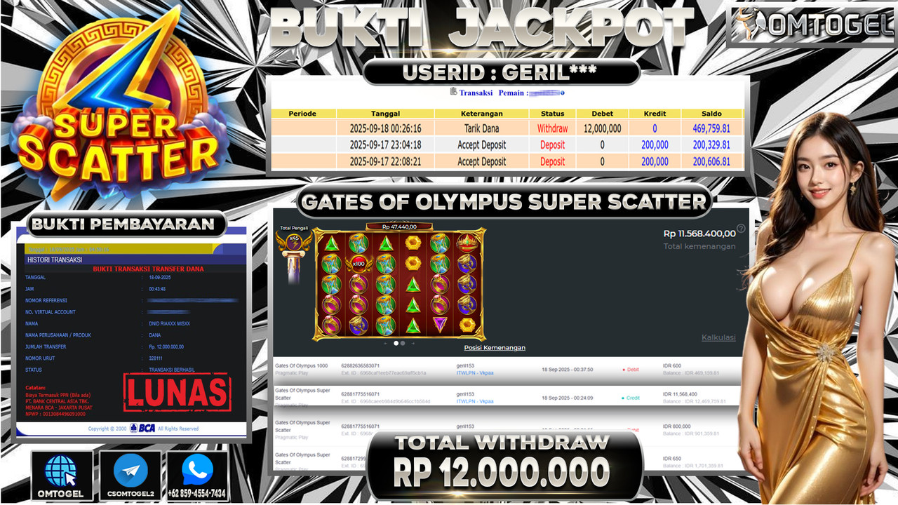 OMTOGEL JACKPOT PRAGMATIC PLAY GATES OF OLYMPUS SUPER SCATTER 12 JUTA DI BAYAR LUNAS ,-