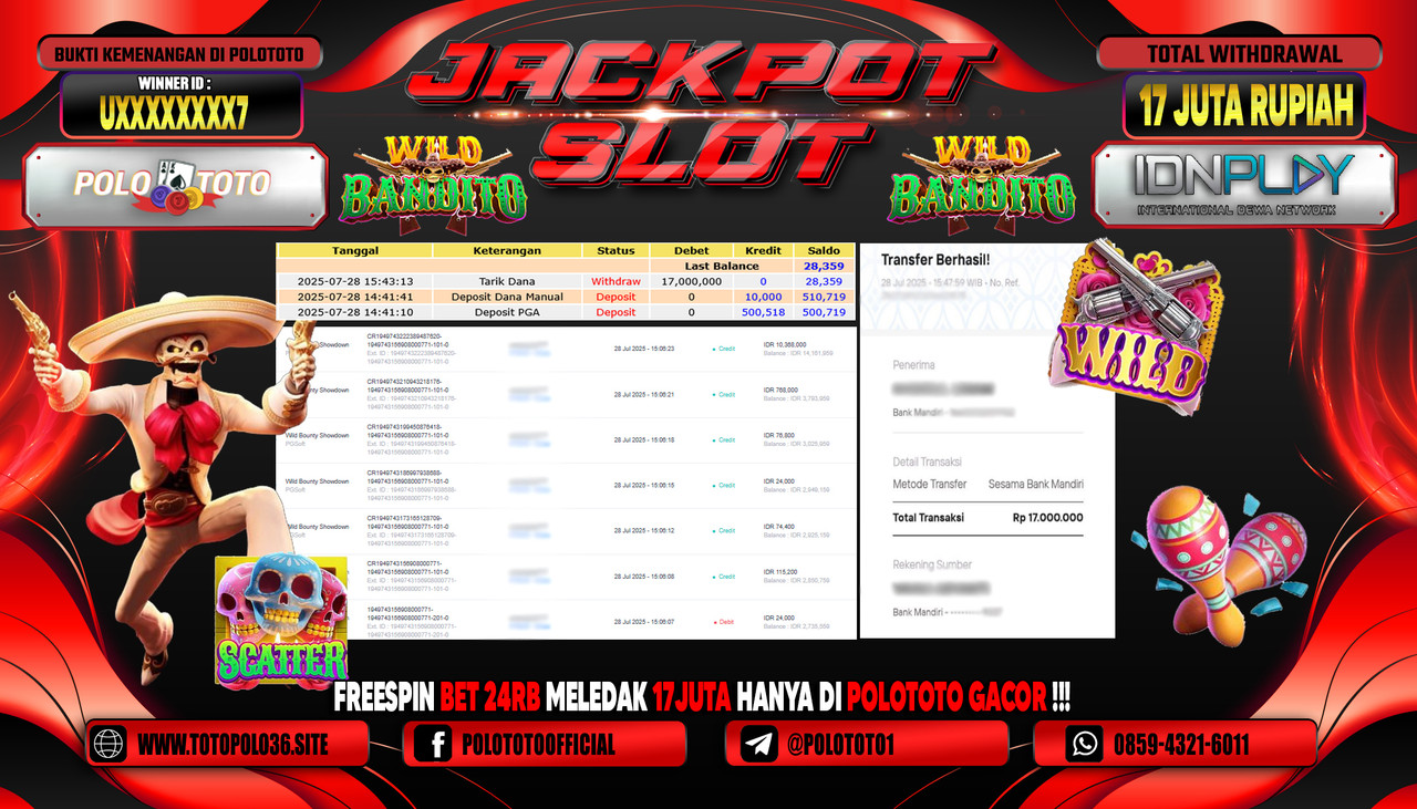 POLOTOTO JACKPOT SLOT WILD BANDITO Rp.17.000.000,-LUNAS