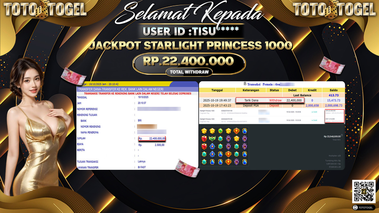 Bukti Pembayaran Jackpot Permainan Slot Starlight Princess 1000  ID:TISU**** LUNAS