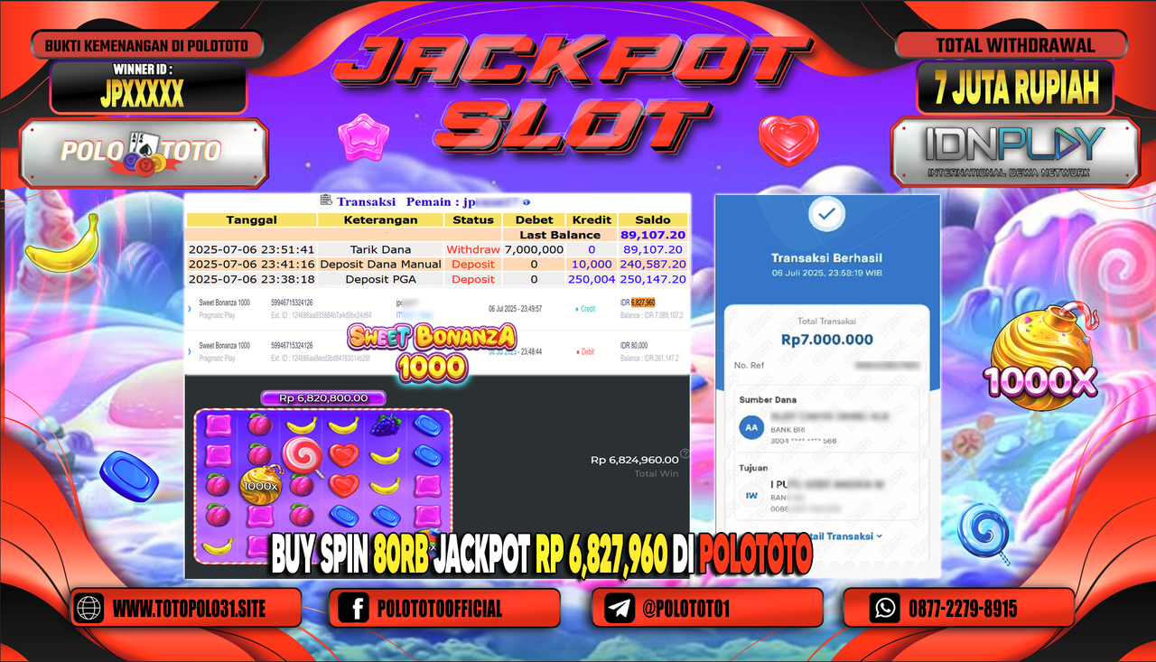 POLOTOTO JACKPOT SLOT SWEET BONANZA 1000 Rp.7.000.000,-