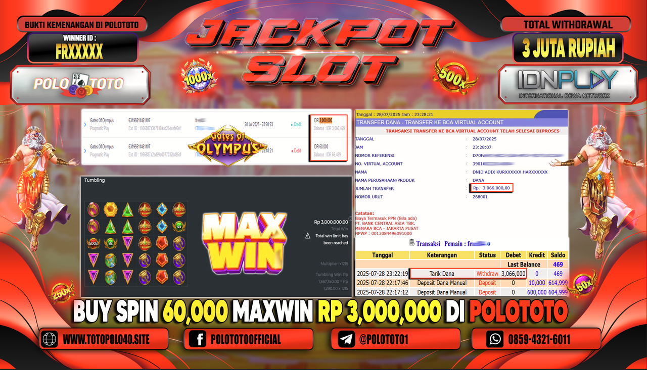 POLOTOTO JACKPOT SLOT GATES OF OLYMPUS Rp.3.000.000,- LUNAS