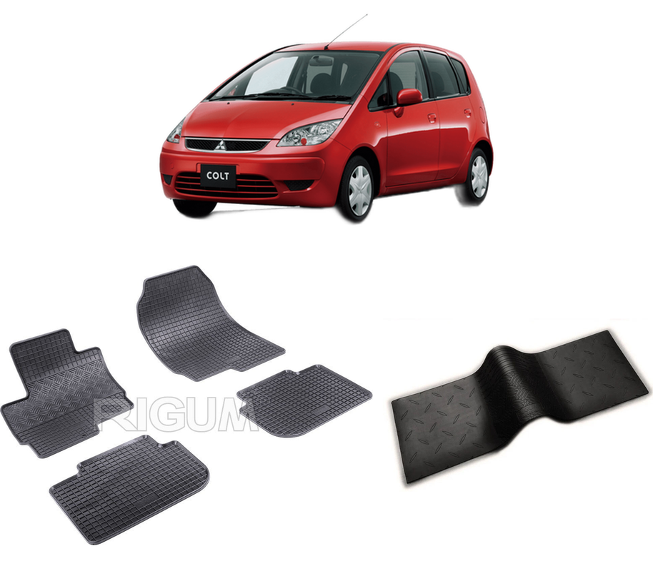 Set covorase auto MITSUBISHI COLT CZ din 11.2008-2013, cu covoras tunel median, CAROSERIE HATCHBACK, Presuri cauciuc 100%, compatibil cu autoturismul MITSUBISHI COLT CZ, Rigum