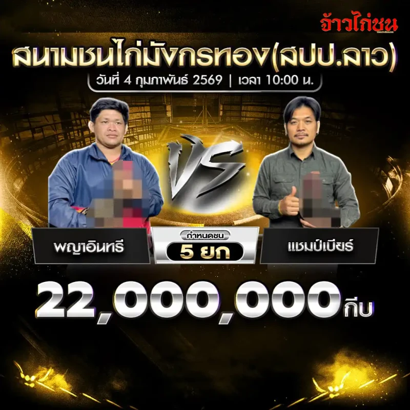 โปรแกรมไก่ชน คู่เด่น พญาอินทรี พบ แชมป์เบียร์ เงิน 22,000,000 กีบ กำหนด 5 ยก สนามชนไก่มังกรทอง สปป.ลาว