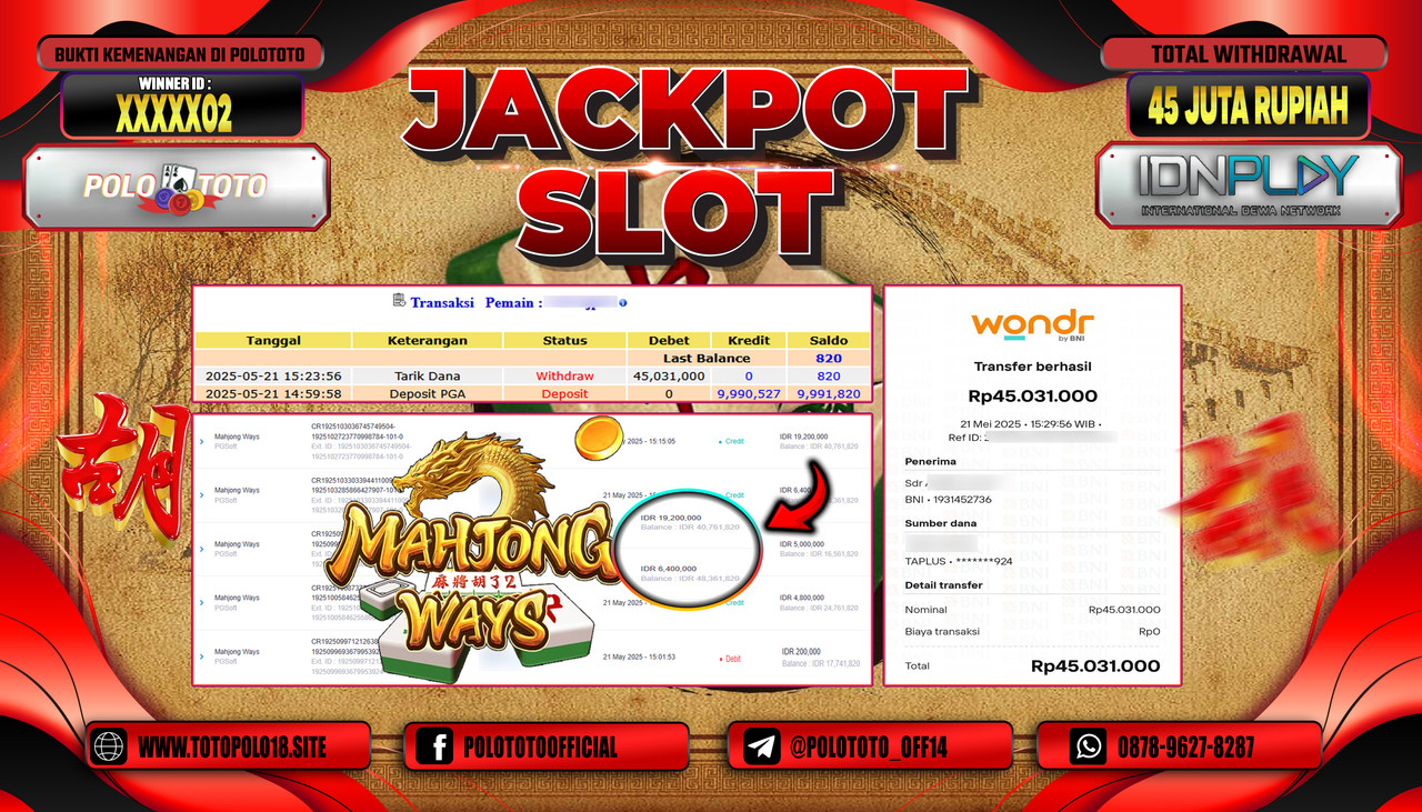 POLOTOTO JACKPOT SLOT MAHJONG WAYS Rp.45.031.000,-