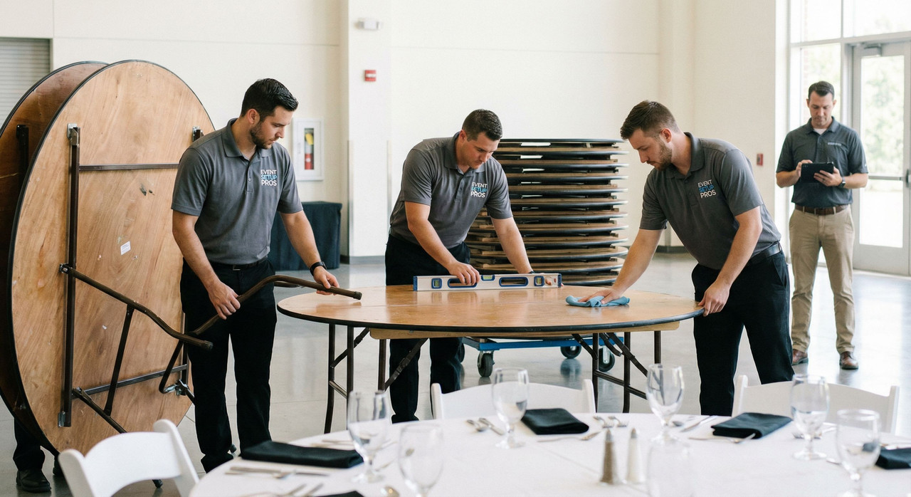 Команда специалистов проводит монтаж мебели и проверку качества поверхностей, осуществляя процесс аренды столов в банкетном зале.