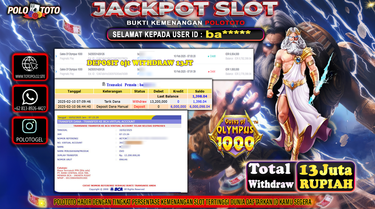 POLOTOTO JACKPOT SLOT GATES OF OLYMPUS 1000 Rp.13,000.000,-