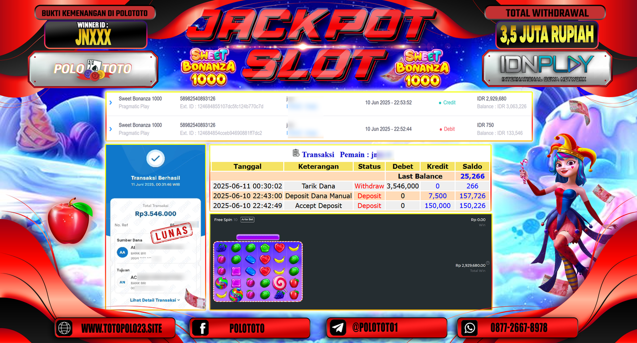 POLOTOTO JACKPOT SLOT SWEET BONANZA 1000 Rp.3.546.000,-