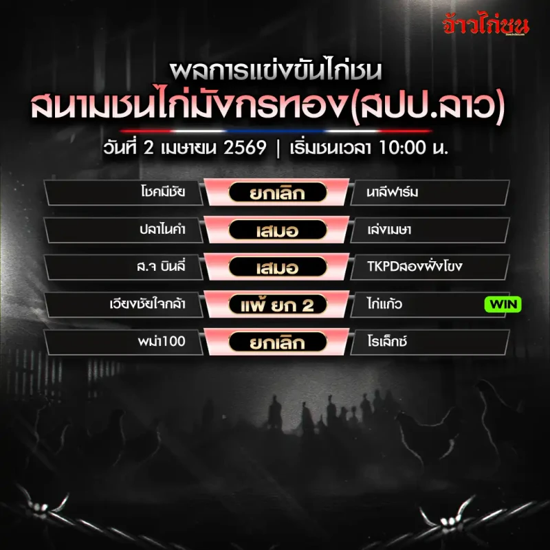 สรุปผลไก่ชน สนามชนไก่มังกรทอง สปป ลาว วันที่ 2 เมษายน 2569