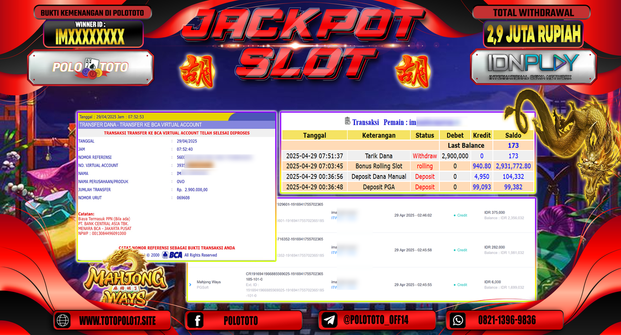 POLOTOTO JACKPOT SLOT MAHJONG WAYS Rp.2.900.000,-