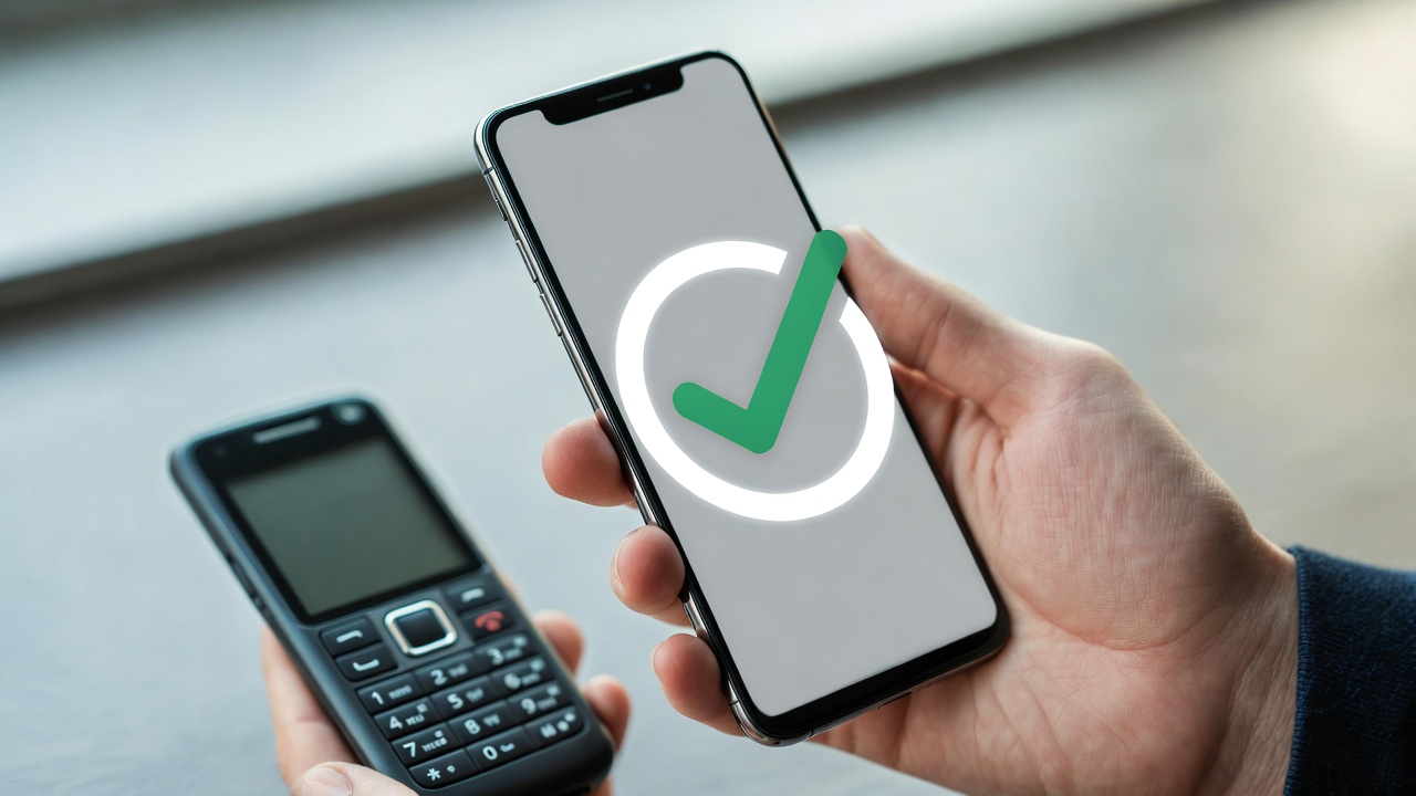 Person holding a new smartphone with a checkmark overlay, old phone next to it