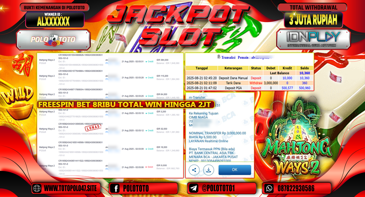 POLOTOTO JACKPOT SLOT MAHJONG WAYS 2 Rp.3.000.000,-