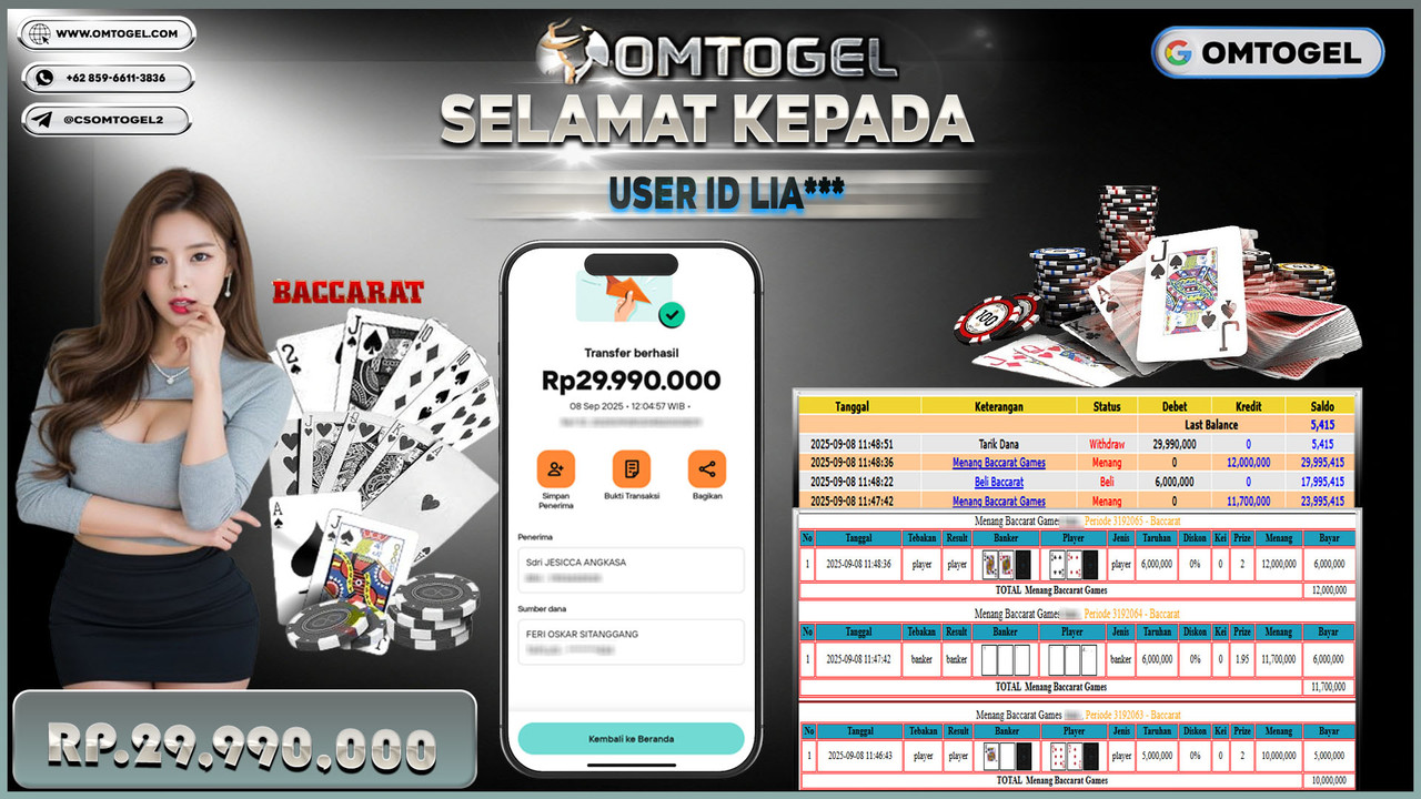 OMTOGEL JACKPOT LIVE GAMES BACCARAT 29 JUTA DI BAYAR LUNAS ,-