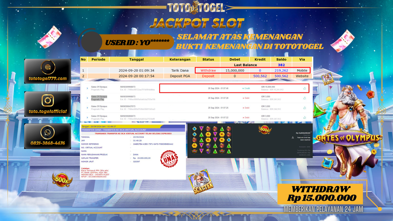 Bukti Kemenangan Permainan Slot Gates Of Olympus Dengan ID : YO***** Terbayar Lunas!!