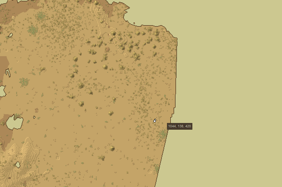 Vintage Story map showing mostly flat terrain with height of 138