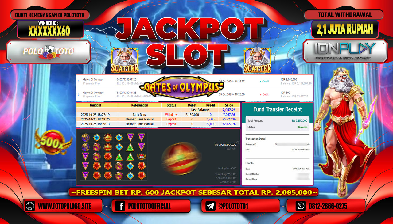 POLOTOTO JACKPOT SLOT GATES OF OLYMPUS Rp.2.100.000,- LUNAS