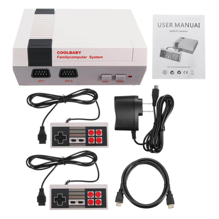 Consola de juegos retro tipo NES con dos controles.