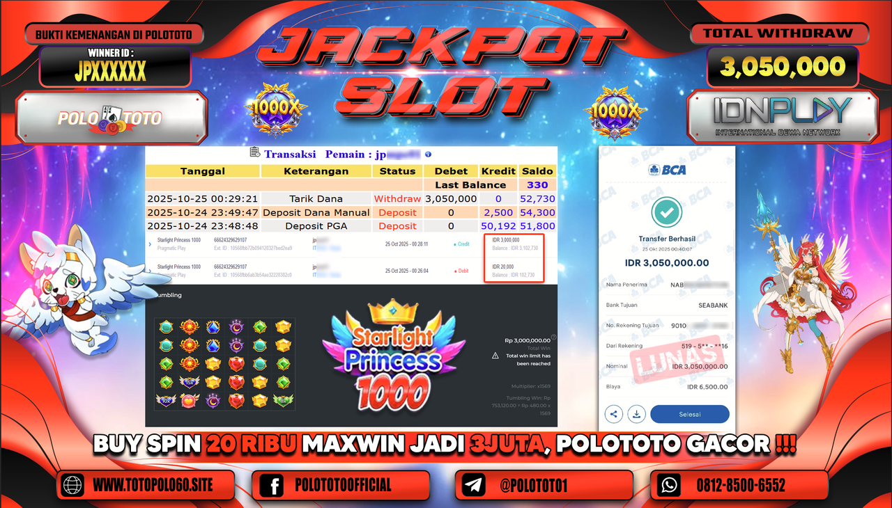 POLOTOTO JACKPOT SLOT STARLIGHT PRINCESS 1000 Rp.3.050.000,- LUNAS