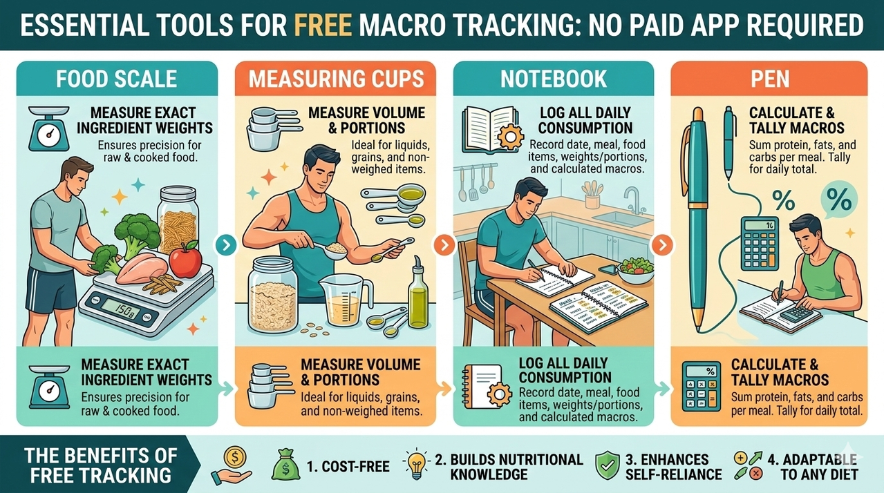 Essential tools for macro tracking including food scale, measuring cups, notebook, and pen for how to track macros without using a paid app