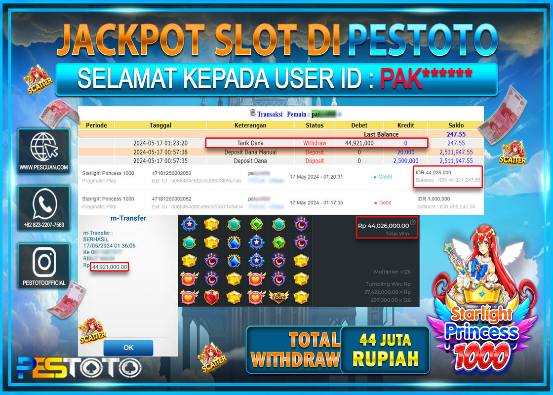 HANYA DI PESTOTO JP PASTI DI BAYAR LUNAS DAN CEPAT!!!!!! JP SLOT{ STARLIGHT PRINCES 1000  } Rp.44.000.000 !!!!!