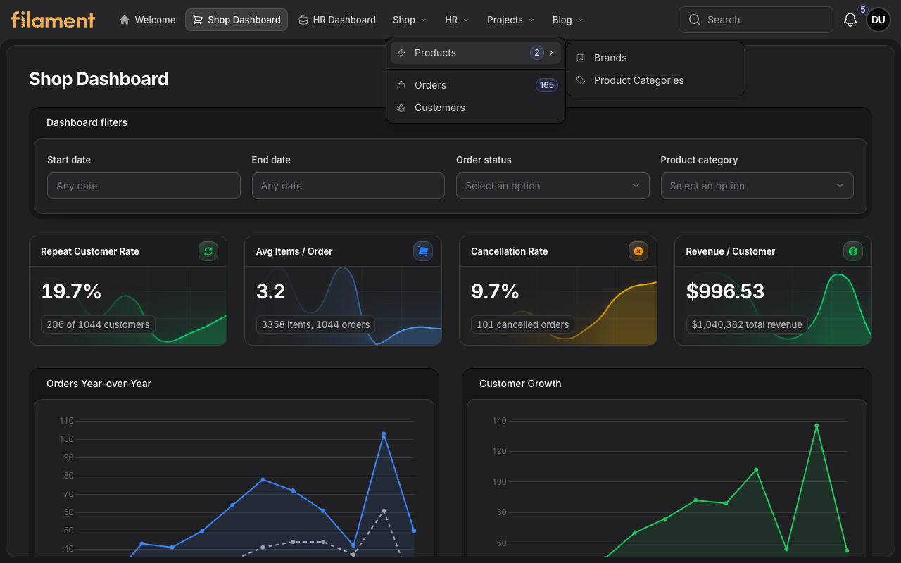 Stature Theme Shop Dashboard with stacked navigation in dark mode