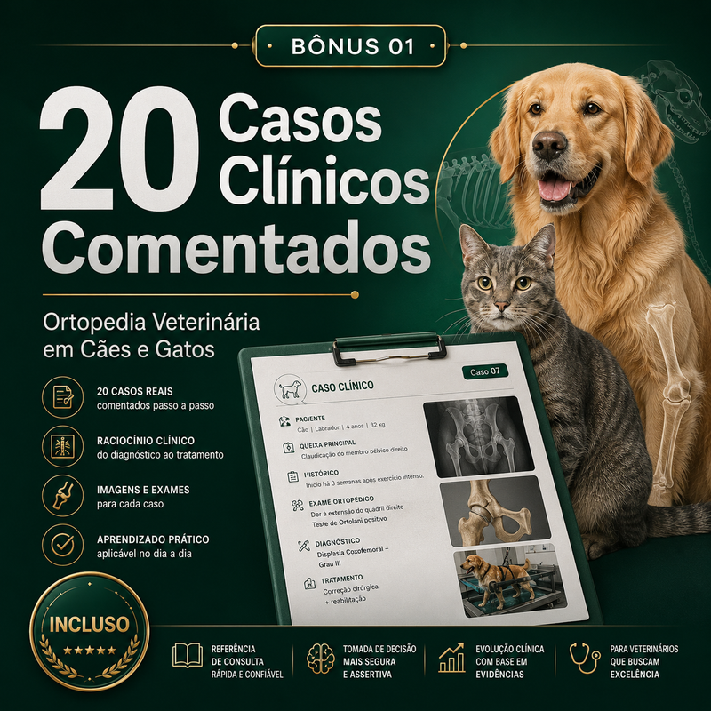 Mockup do bônus 01 — 20 Casos Clínicos Comentados de Ortopedia Veterinária
