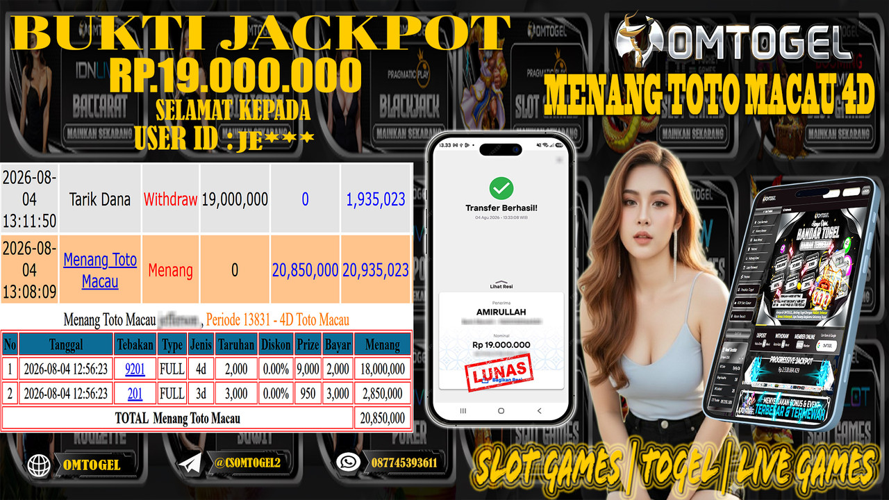 OMTOGEL JACKPOT MENANG TOTO MACAU 4D  Rp,19,000,000,- DIBAYAR LUNAS