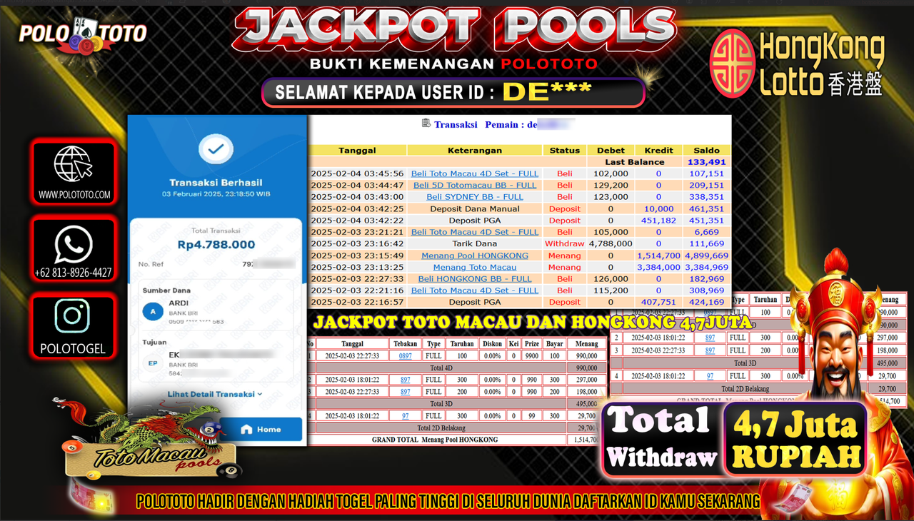 POLOTOTO JACKPOT TOGEL TOTO MACAU & HONGKONG Rp.4,788.000,-