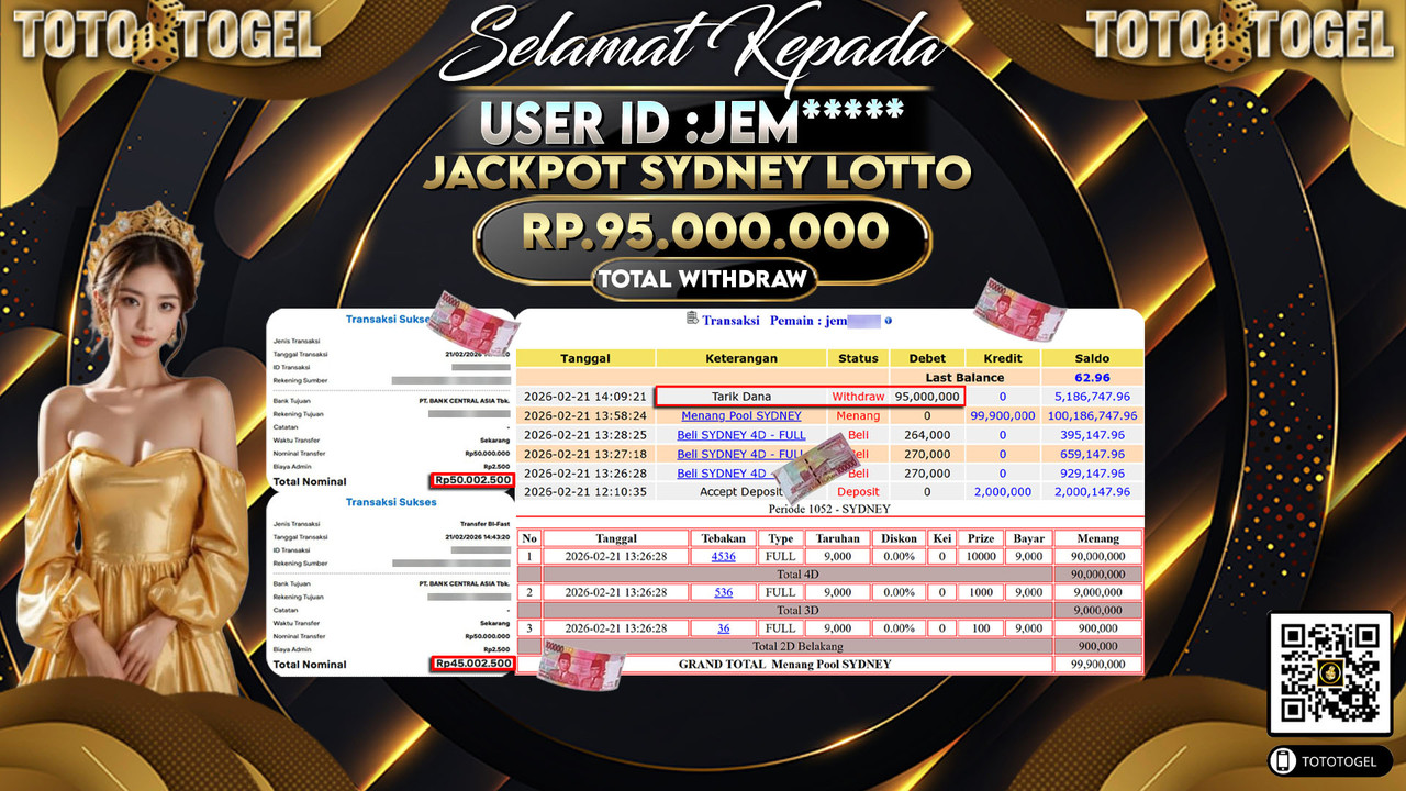 Bukti Pembayaran Jackpot Permainan Togel Sydney Lotto ID:JEM*****LUNAS