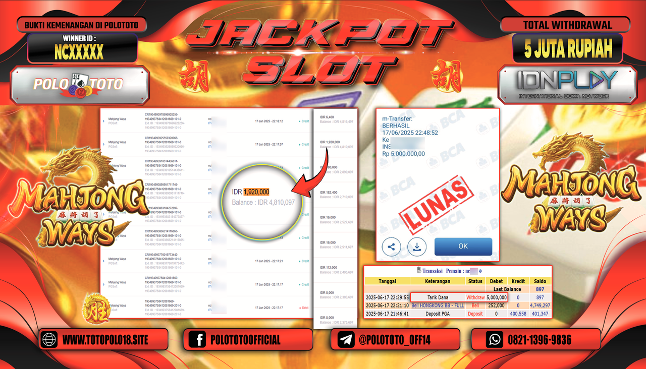 POLOTOTO JACKPOT SLOT MAHJONG WAYS Rp.5.000.000,-