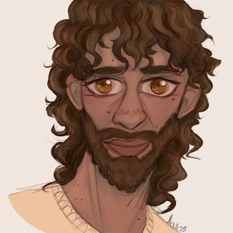 A portrait of the Lord Jesus Christ, with brown hair, ruddy skin, and a few moles on his face and neck, smiling at the viewer