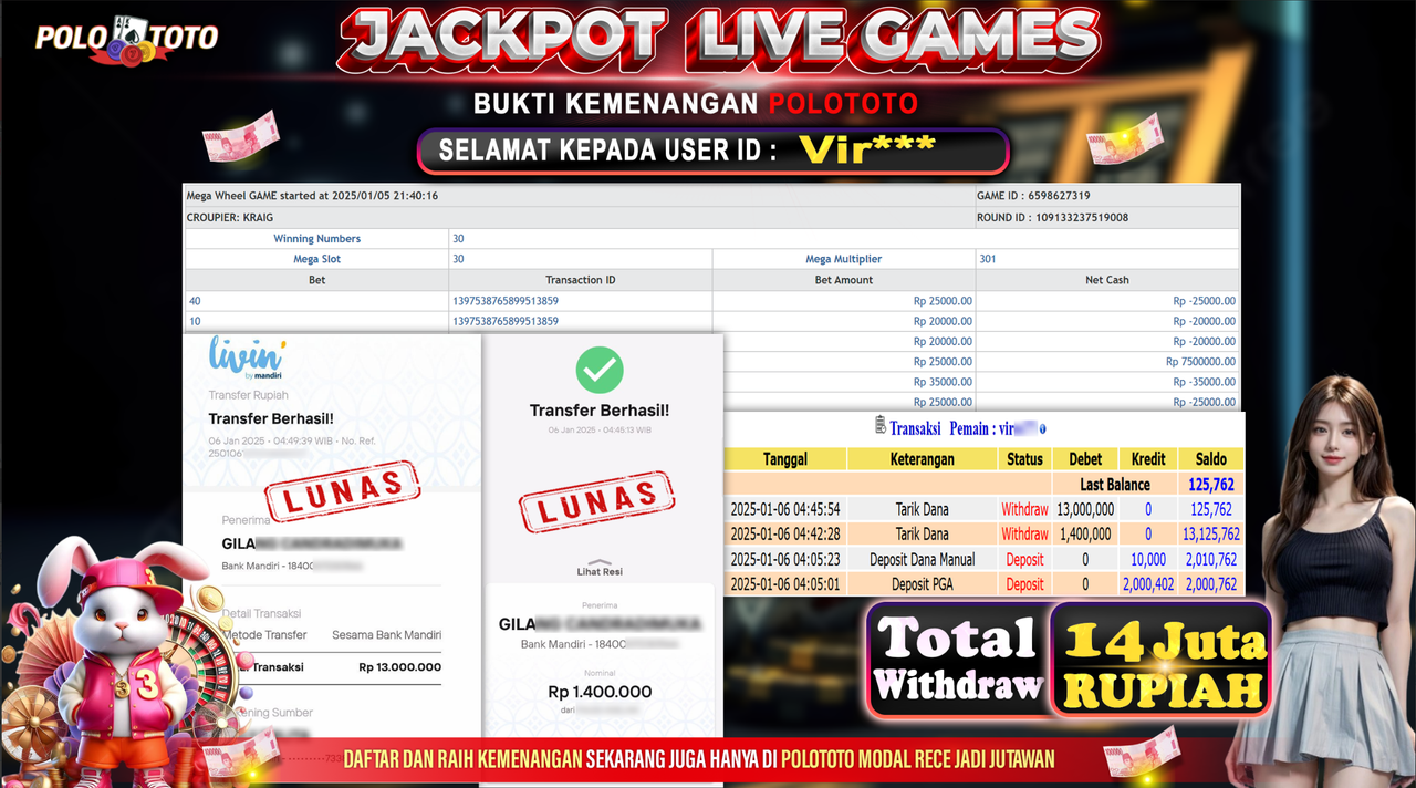 POLOTOTO JACKPOT LIVE GAMES MEGA WHEEL Rp.14,400.000,-