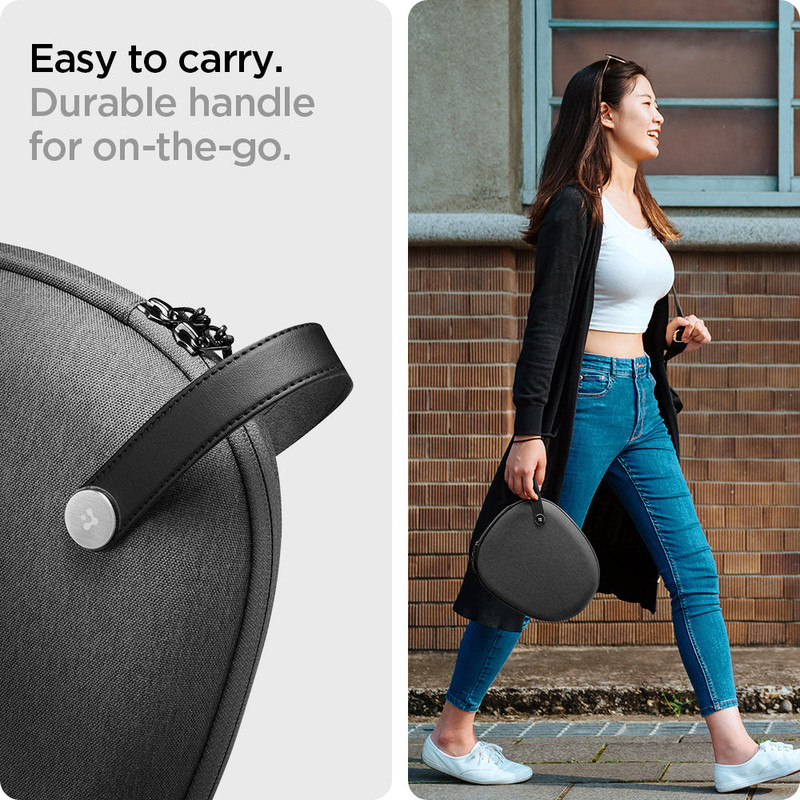 Estuche Spigen Klasden Pouch con unos AirPods Max dentro, mostrando el compartimento para cables.