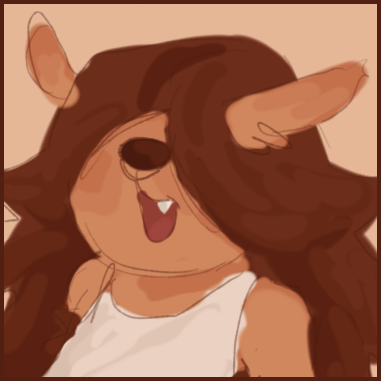 a chibi drawing of my sona dusty, a light brown creature with a dark nose, spiky hair covering its eyes, and long ears wearing a tanktop