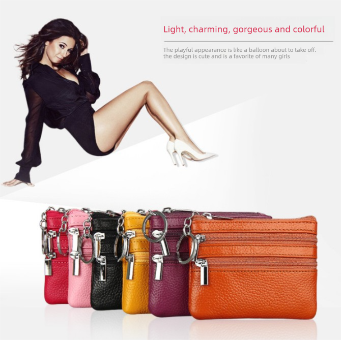Genuine Leather Coin Purse Mini Wallet with Triple Zipper Pockets Key Ring Holder Pouch for Cash & Cards - Coffee