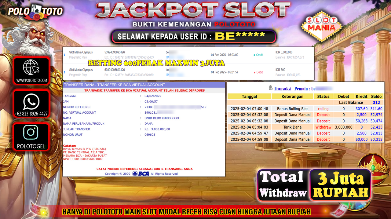 POLOTOTO JACKPOT SLOT MANIA OLYMPUS Rp.3,000.000,-