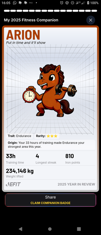 Jefit end of year summary - it has a cartoon horse on.