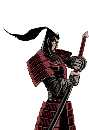 Ink-wash portrait of a samurai in the spirit of Miyamoto Musashi, standing with two swords beneath a red sun