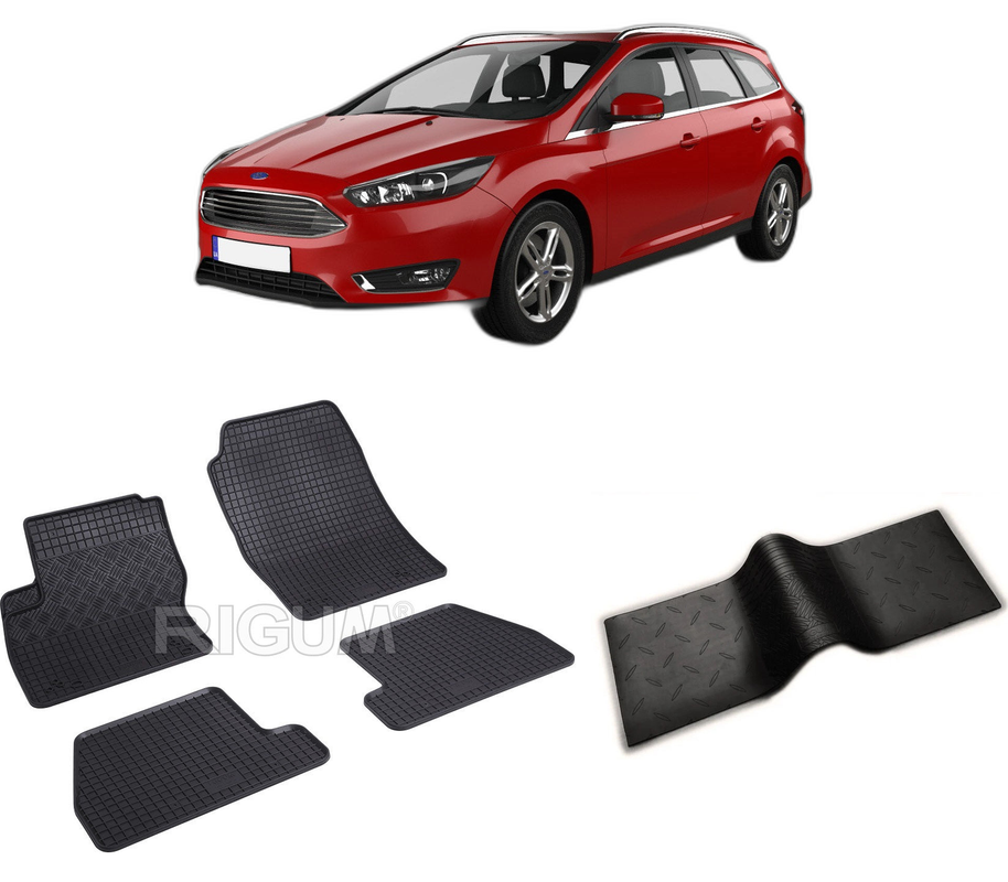 Set covorase auto FORD FOCUS III din 03.2011-08.2018, cu covoras tunel median, CAROSERIE COMBI, Presuri cauciuc 100%, compatibil cu autoturismul FORD FOCUS III, Rigum