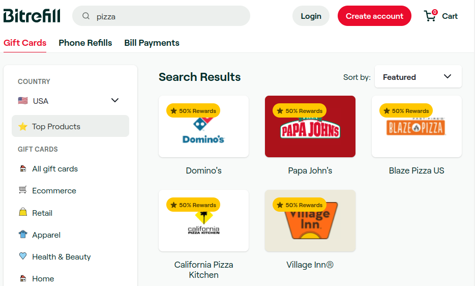 Bitrefill pizza locations in the U.S.