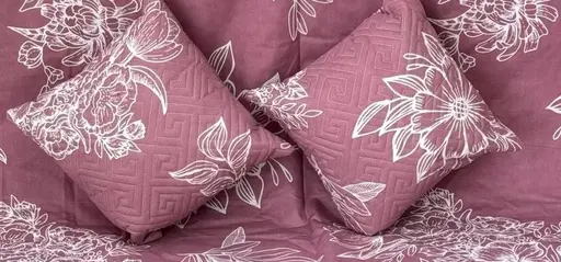 ST 5pc bedsheet set (1King size Bedsheet + 2 Pillow Covers (WITH ZIP)with Embroidery+ 2 Cushion Cover (WITH ZIP)with Embroidery with filler) Heavy Quality Multicolor QUILTED five piece set (R604)