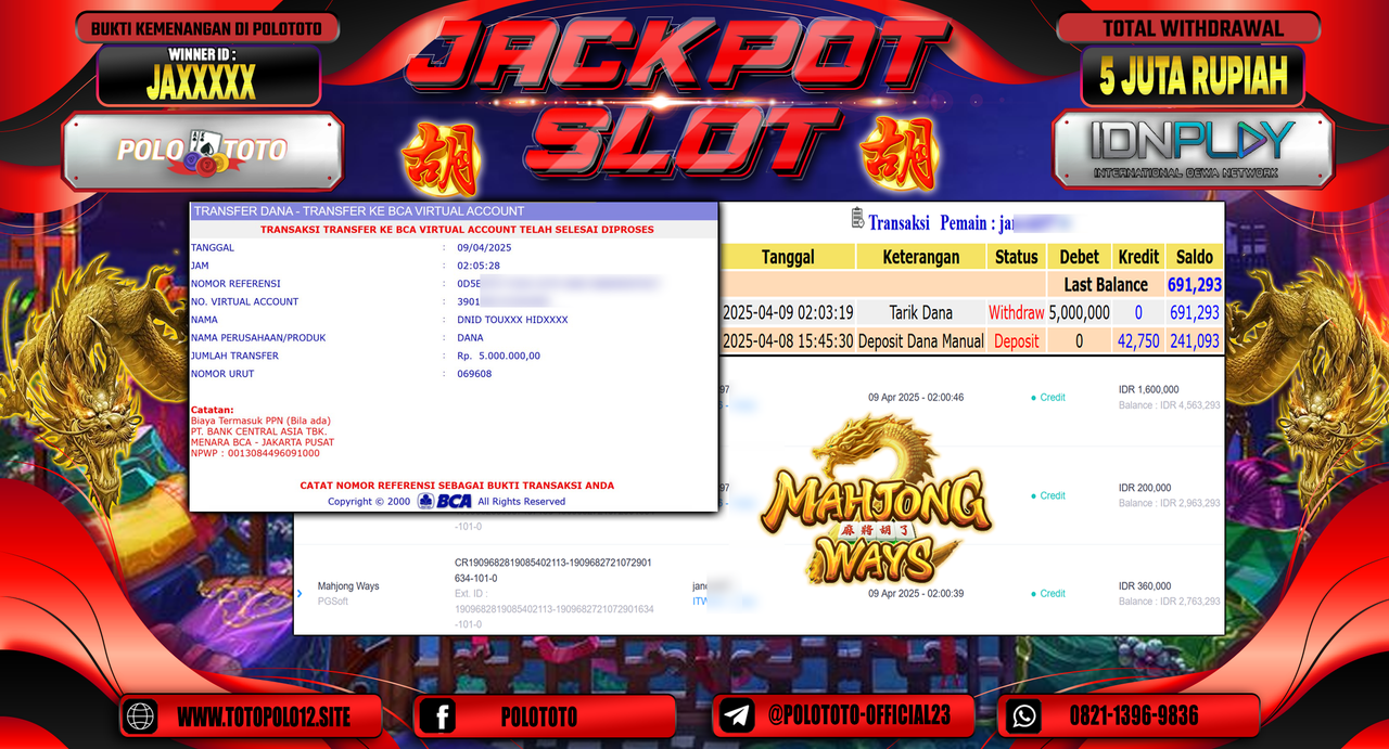 POLOTOTO JACKPOT SLOT MAHJONG WAYS  Rp.5.000.000,-