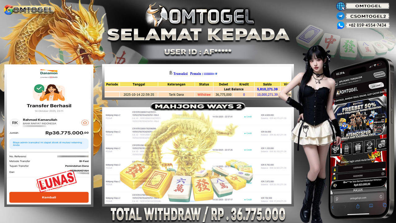 OMTOGEL JACKPOT PGSOFT MAHJONG WAYS 2 36 JUTA DI BAYAR LUNAS ,-