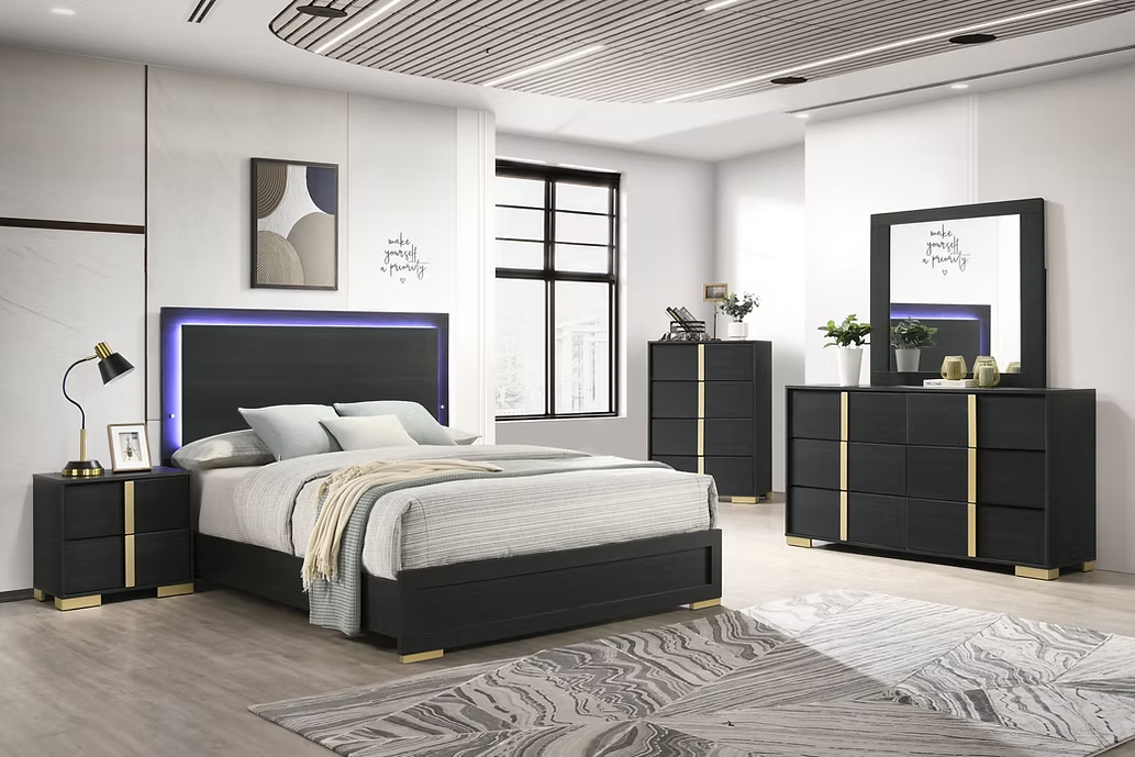 NEW Black Gold LED Queen King 5PC Bedroom Set Modern Furniture Bed/D/M/N/C | eBay NEW Black Gold LED Queen King 5PC Bedroom Set Modern Furniture Bed/D/M/N/C | eBay