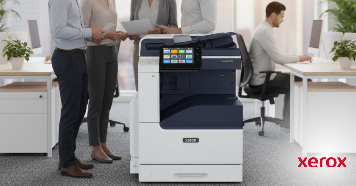 Multifuncional Xerox C7125 sendo usada em um escritório moderno