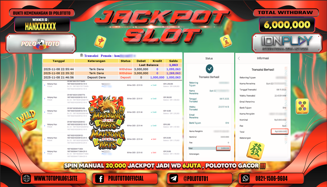 POLOTOTO JACKPOT SLOT MAHJONG WAYS Rp.6.000.000,- LUNAS