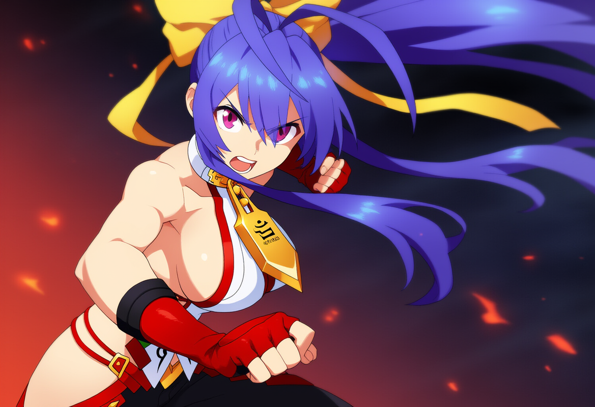 1girl, BLAZBLUE, Mai Natsume, punching, fighting_stance, animated, dynamic angle s-71469274