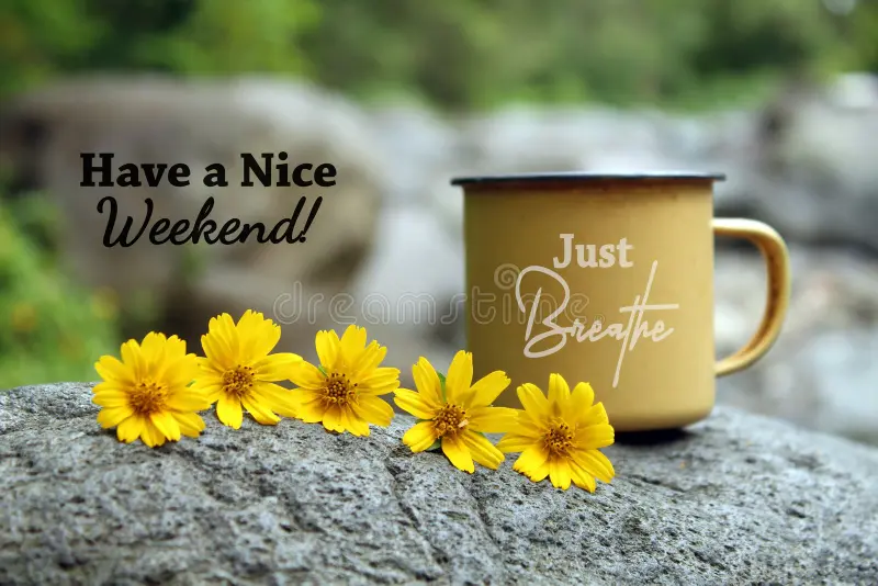 weekend-card-greeting-inspirational-positive-message-cup-tea-coffee-yellow-little-flowers-stone-tabl