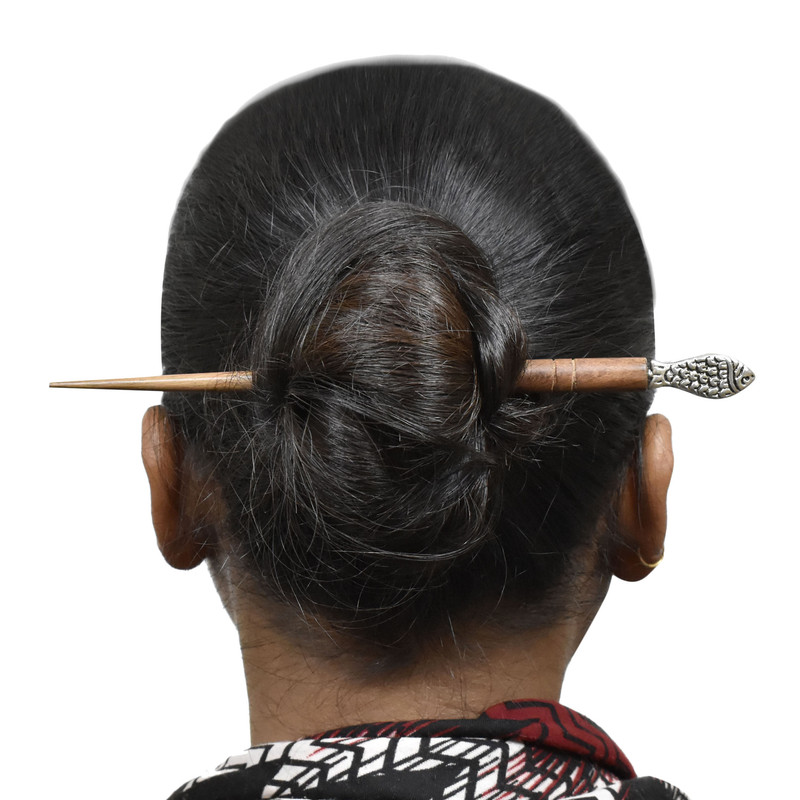 Women Juda Hair Pin Wood & Metal Handmade Beautiful Design Traditional Stick Pin - Picture 24 of 40