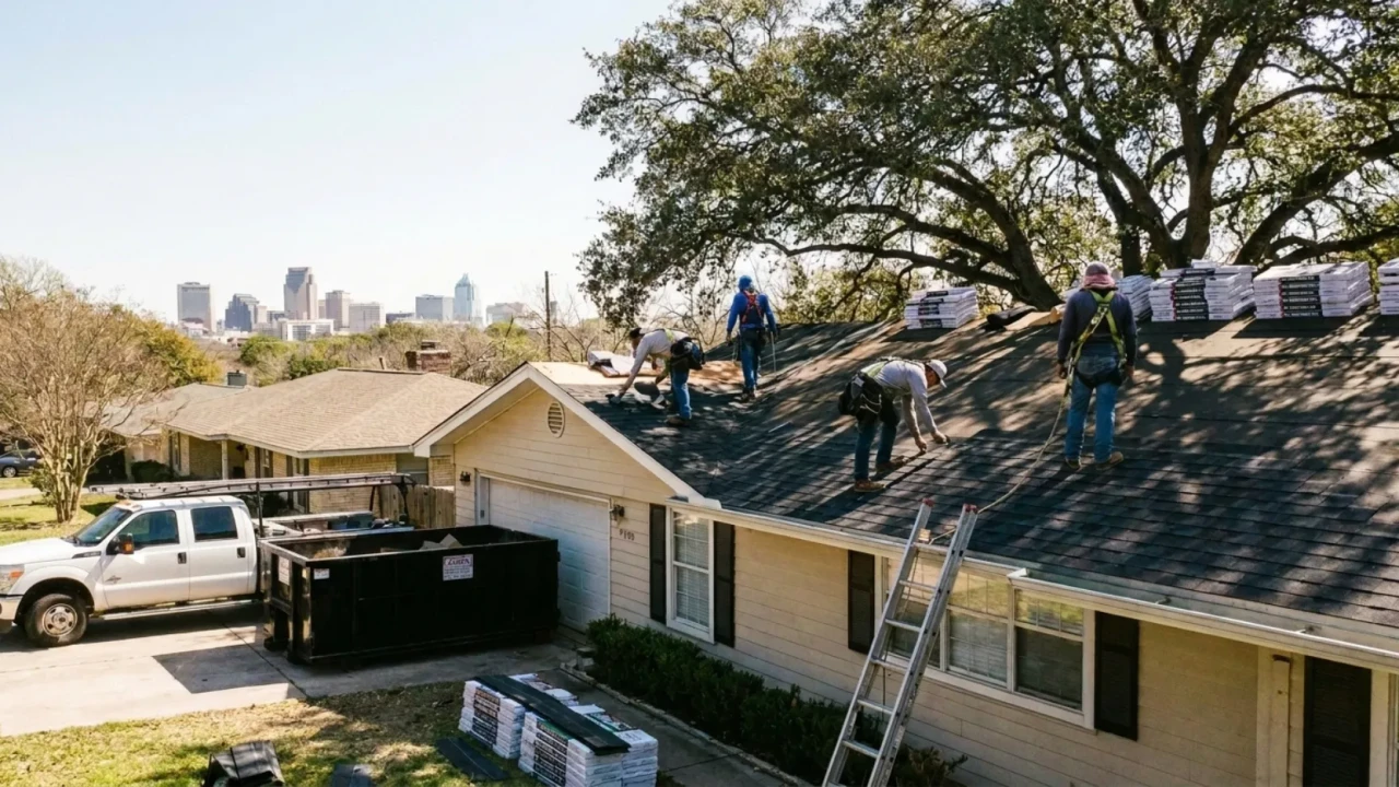 Roofing crew replacing shingles on a San Antonio residential home