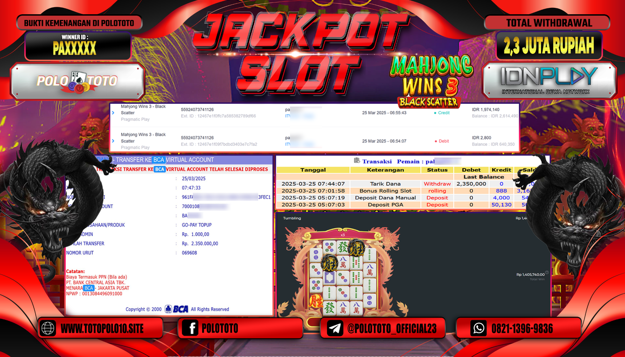 POLOTOTO JACKPOT SLOT MAHJONG WINS BLACK SCATTER 3 Rp.2.350.000,-